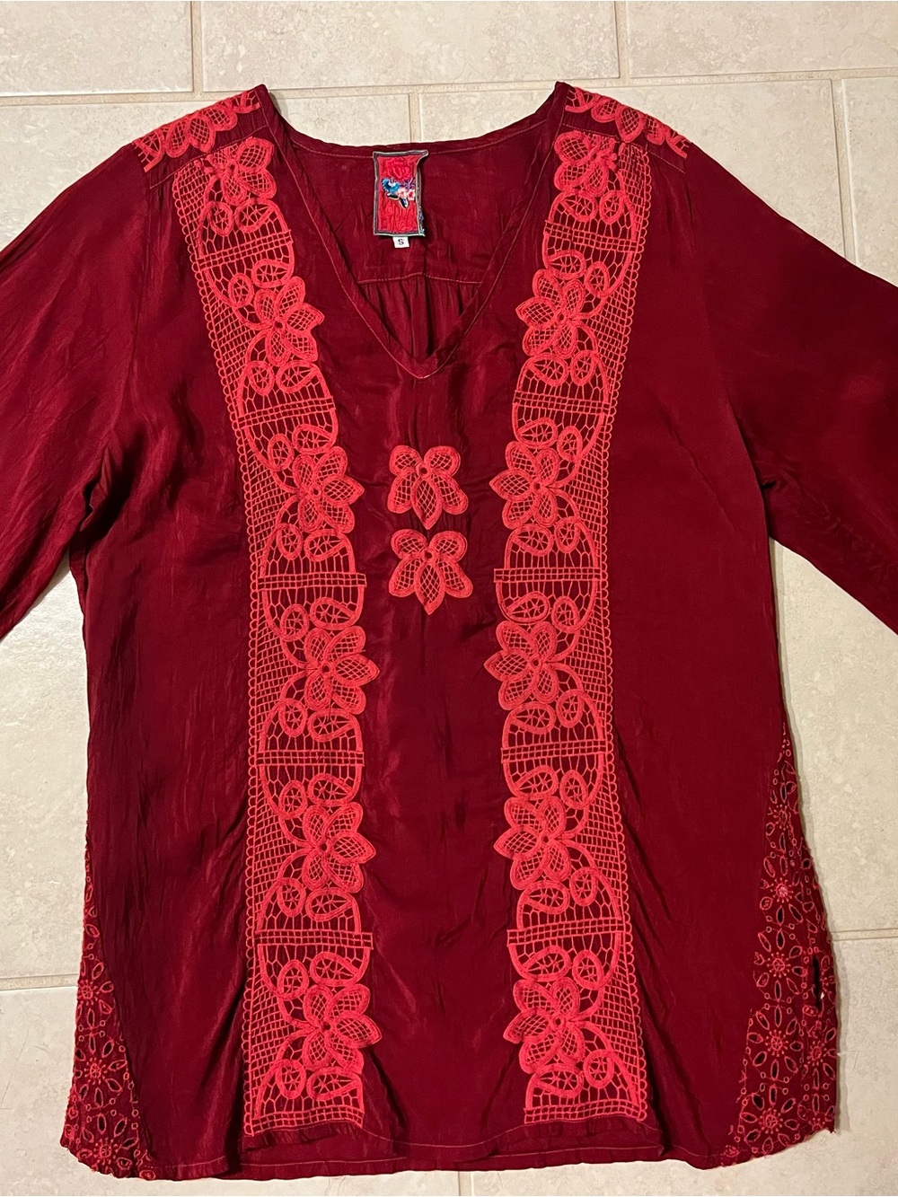Johnny Was Red Embroidered V-Neck Tunic